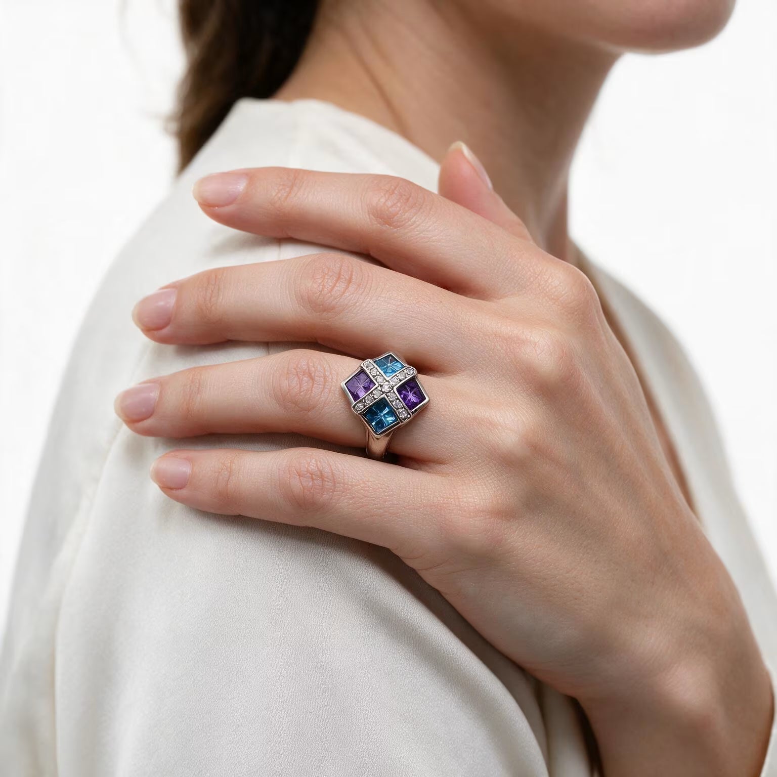 Twilight Harmony Blue Topaz & Amethyst Ring